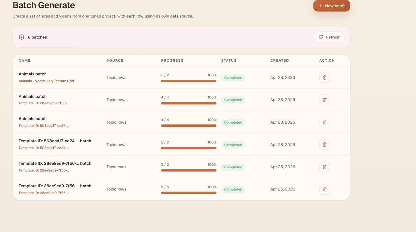 Lingo Creator Batch Generate dashboard showing completed vocabulary batches with progress and status.