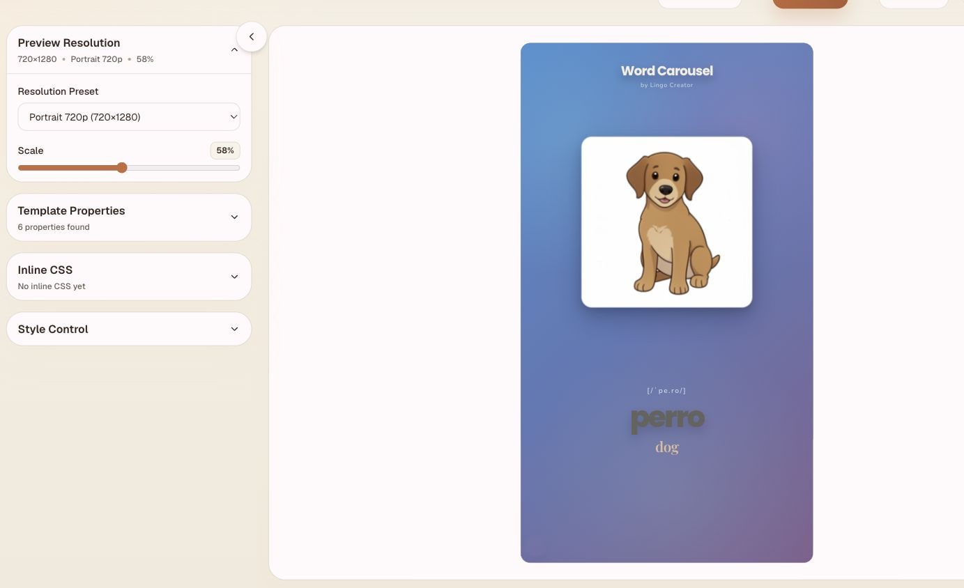 Lingo Creator preview frame showing a Word Carousel vocabulary video with resolution controls.